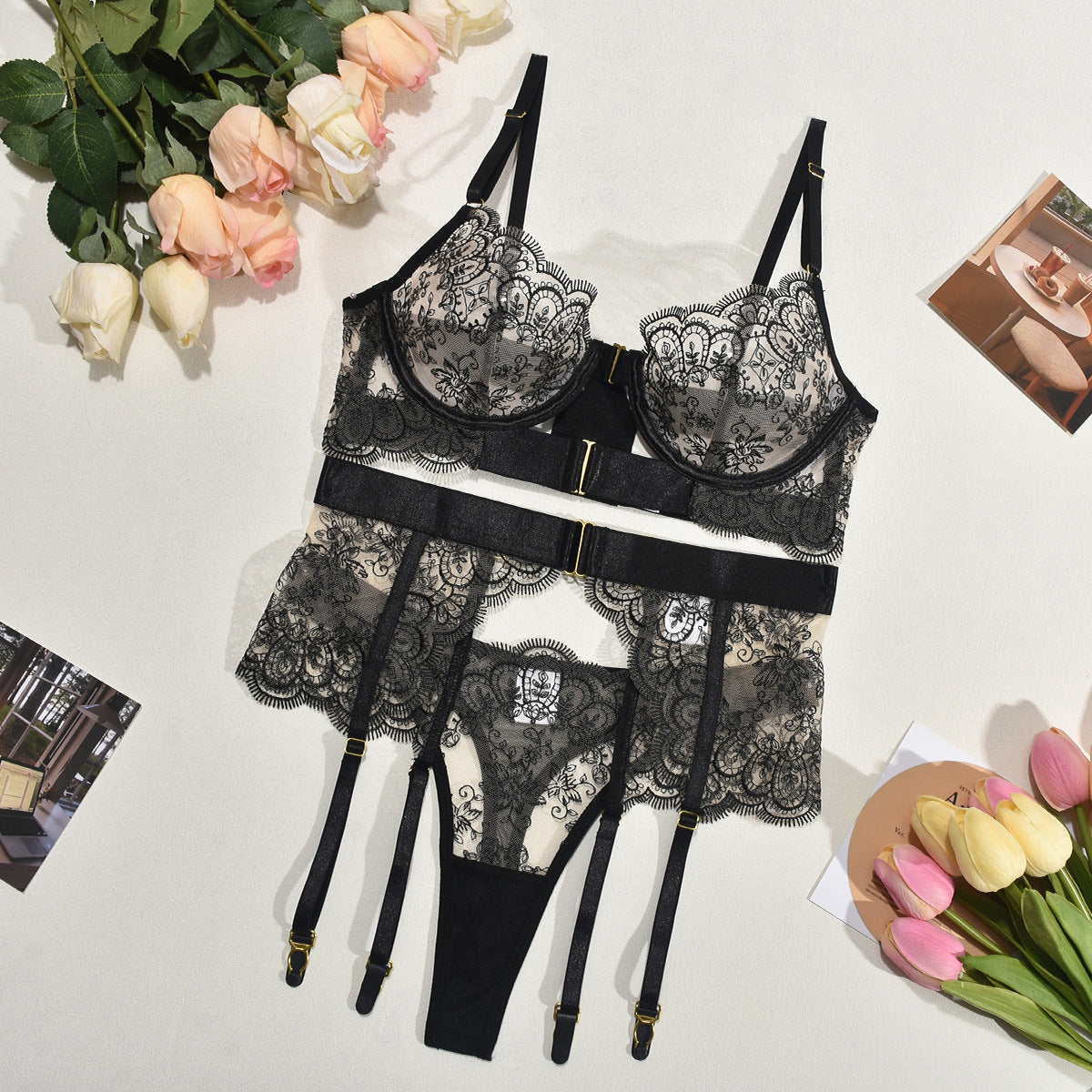 Embroidery High Quality Heavy Industry Sexy Lingerie Embroidery Eyelash Lace See-through Sexy Three Piece Set