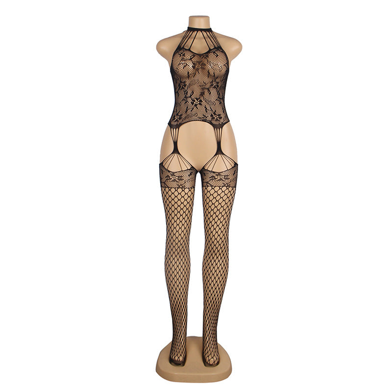 Black Sexy Body Stockings Open Crotch Free Off Women Fishnet Stockings Halter See Through Tight Fishnet Clothes