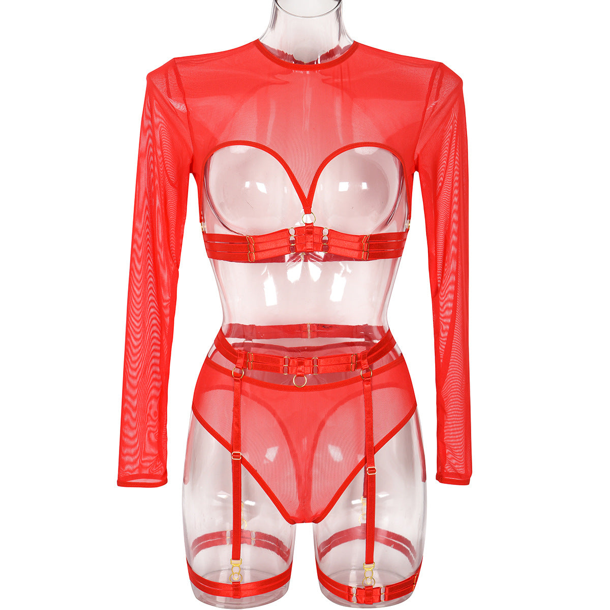 Mesh See through Patchwork Lace up Heavy Craft Complex Three Piece Sexy Lingerie