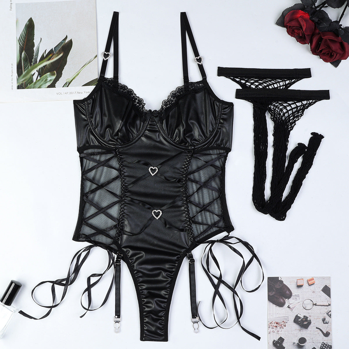 Hollow Out Cutout Out Mesh Stockings Black Faux Leather Long Soft Leather Micro Elastic Side Strap Love Cross Sexy Jumpsuit Women