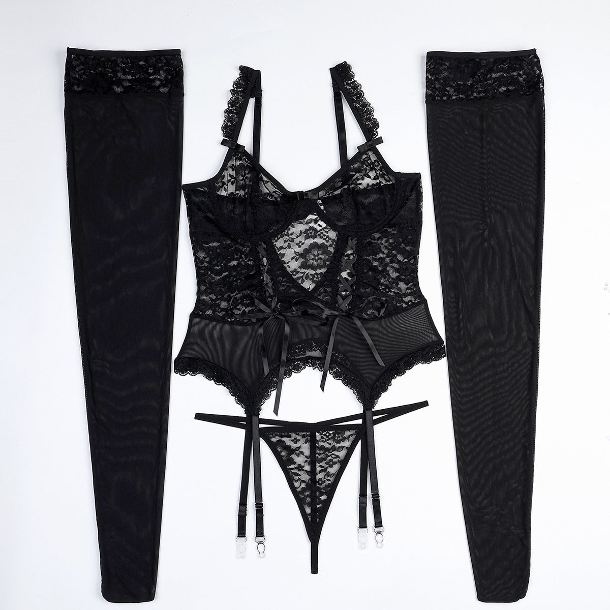 Big Stockings Black Mysterious Lace Hollow Out Cutout Lace Strap Slimming Sexy Goddess Sexy Lingerie Four Piece Set