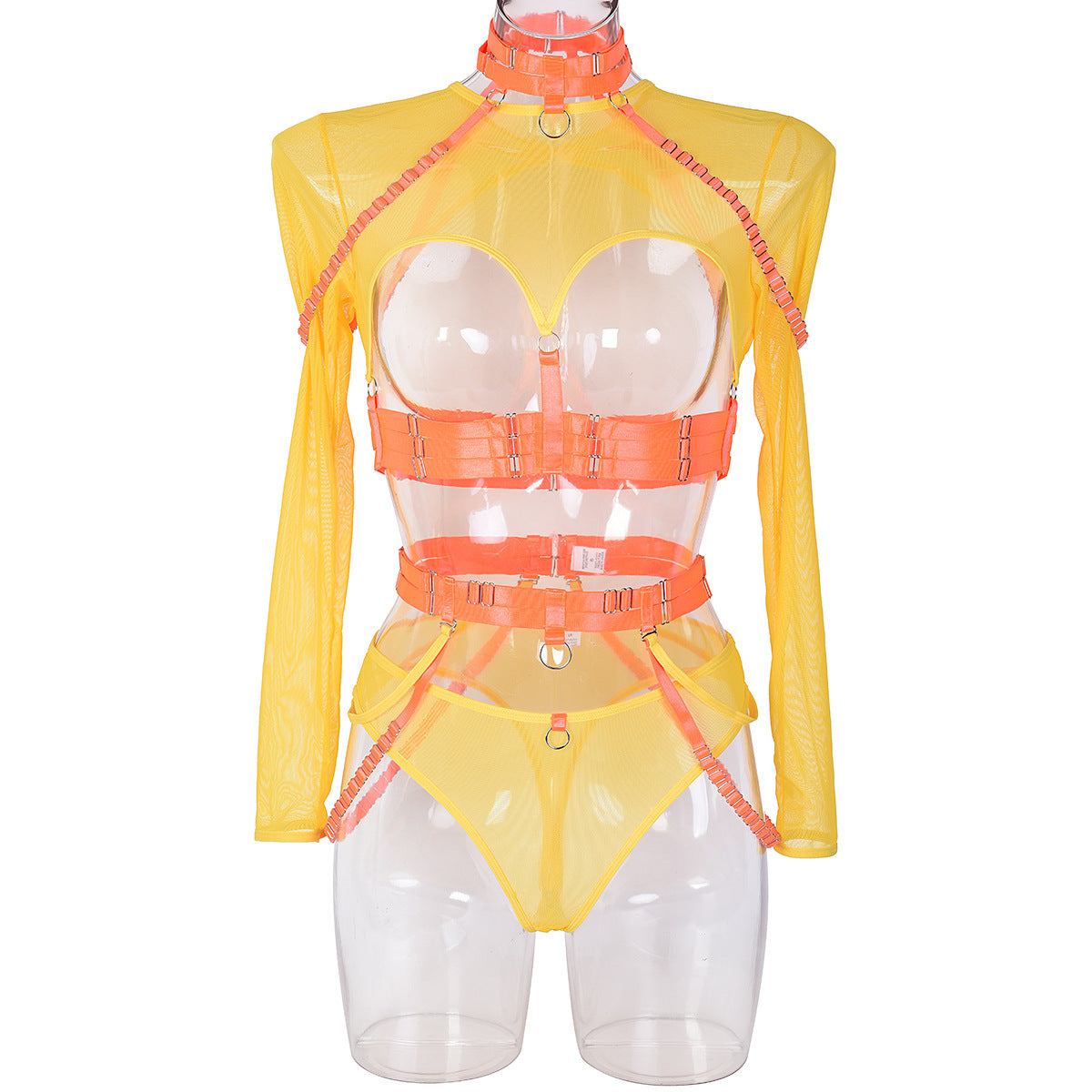 Conjunto sexy de tres piezas en ropa interior sexy para club nocturno con cintura halter y correa compleja