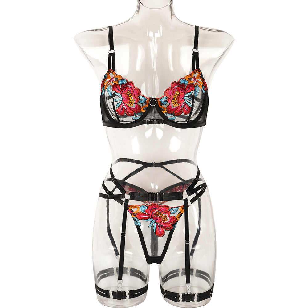 Sexy Lingerie Three-Piece Set High Quality Embroidery Heavy Craft Underwear with Steel Ring