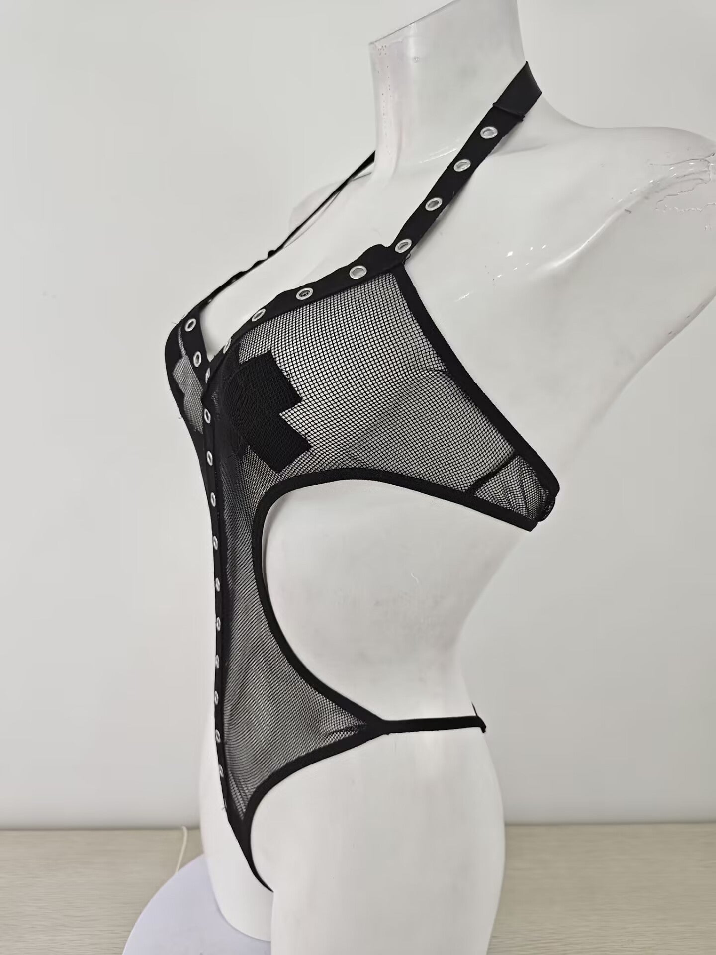 Sexy Hollow Out Cutout See through Mesh Rivet Jumpsuit Sexy Lingerie Suit