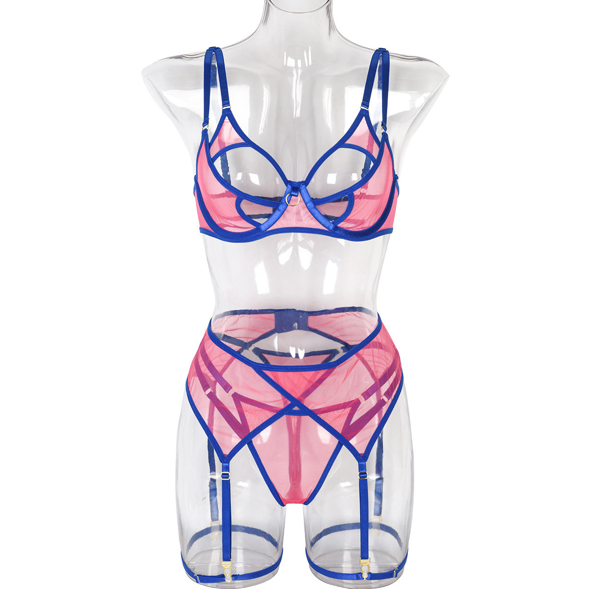 Women Clothing Sexy Lingerie Three Piece Set Color Contrast Patchwork Elastic Net Comfortable Tight Sexy Lingerie