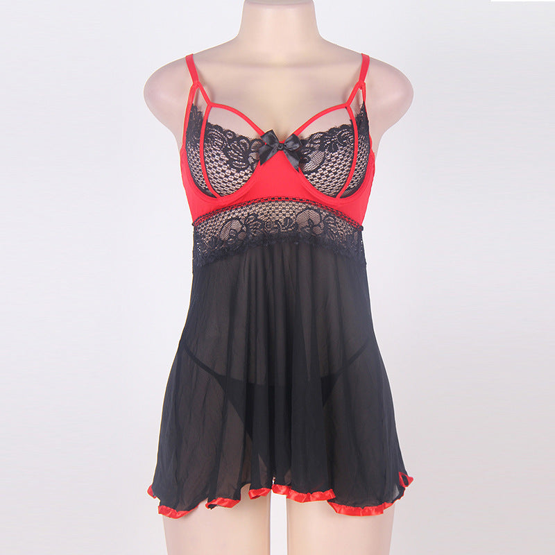 Plus Size Sexy Lingerie Sexy with Steel Bracket Black Red Stitching Slip Nightdress