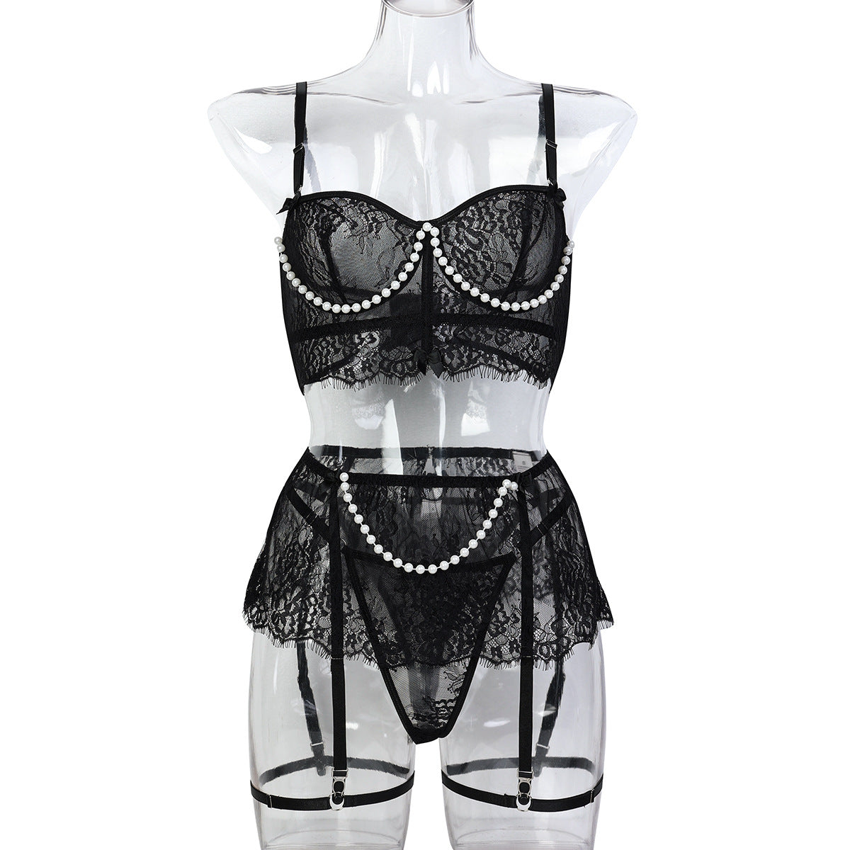 Lightweight Lace See Through Pearl Handmade Shaping Bow Sexy Lingerie Four Piece Set