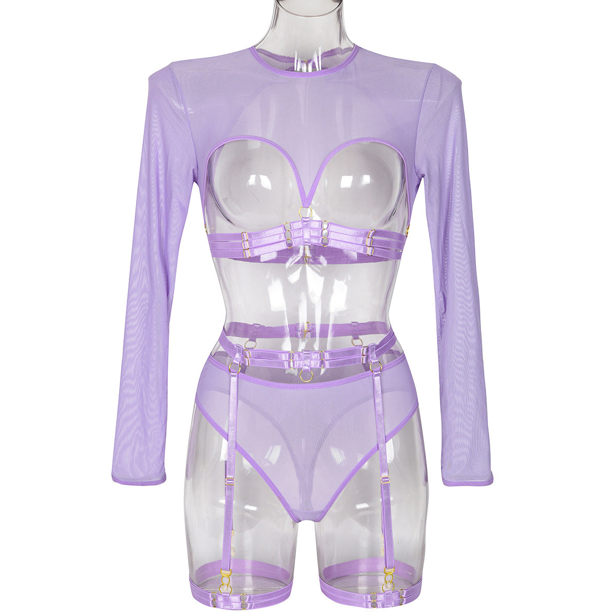 Mesh See through Patchwork Lace up Heavy Craft Complex Three Piece Sexy Lingerie