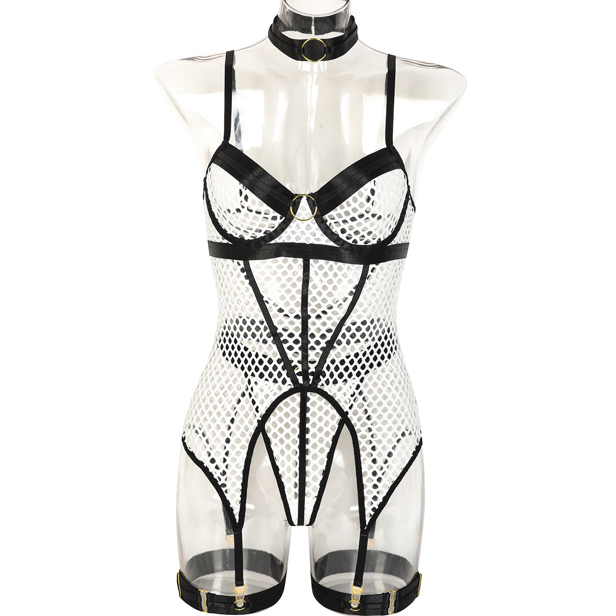 Ensemble trois pièces jupe sexy, coutures en maille large, avec anneau en acier, sous-vêtements avec anneau de jambe licou
