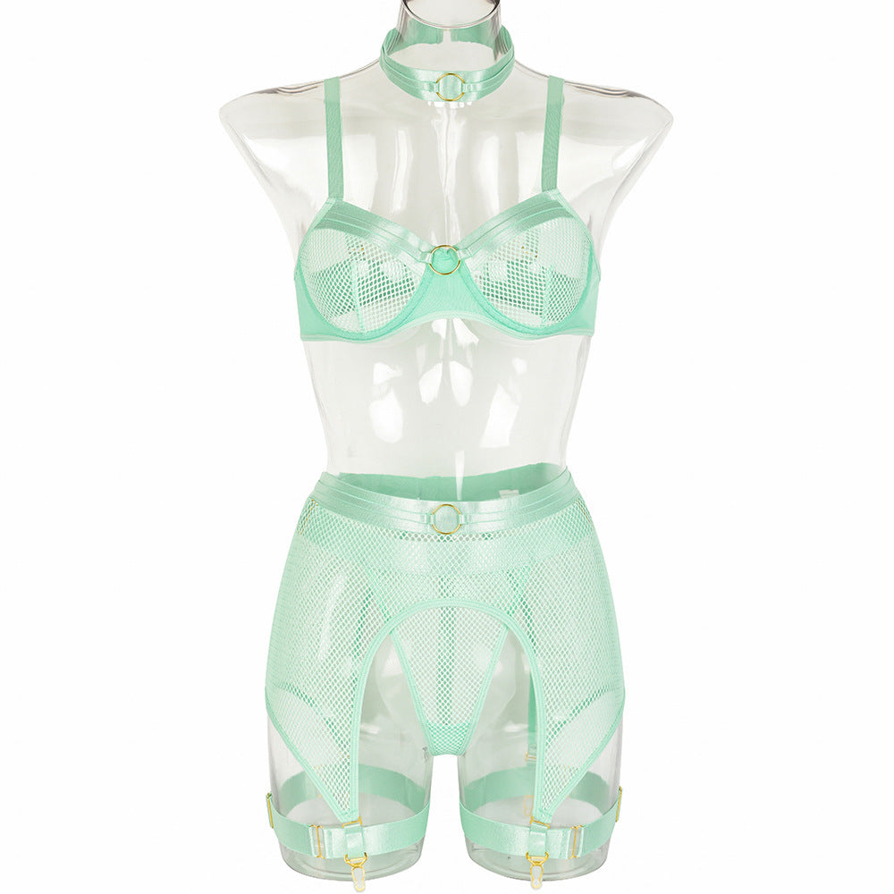 Sexy Mesh Stitching Four-Piece Underwear with Halter Waist Seal