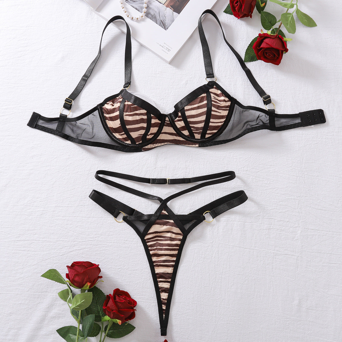 Ensemble de soutien-gorge sexy d'été, sous-vêtements sexy en maille imprimée ultra fine, deux pièces