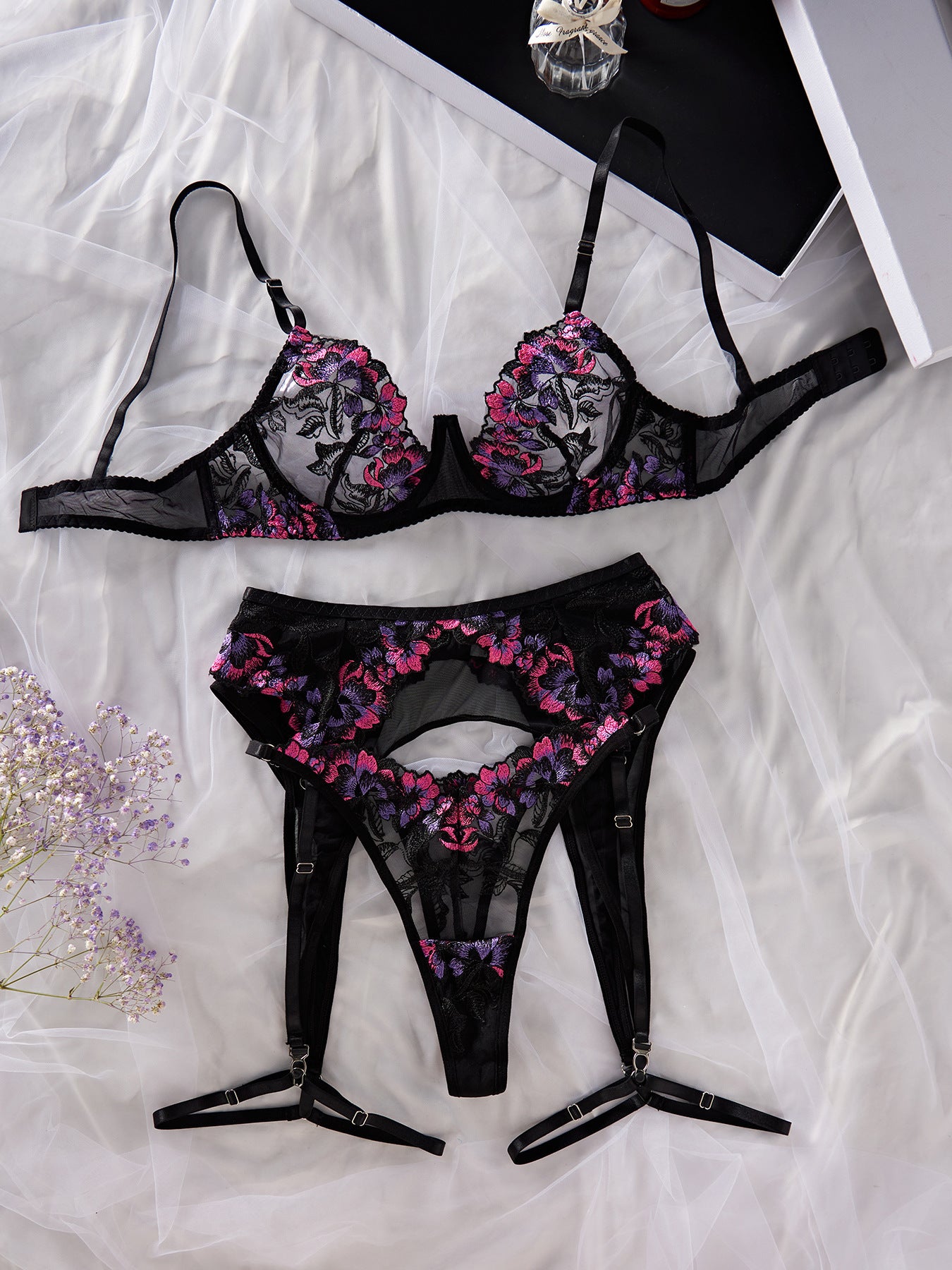 Soutien-gorge complexe artisanal, broderie florale, maille, sous-vêtements sexy, ensemble de quatre pièces