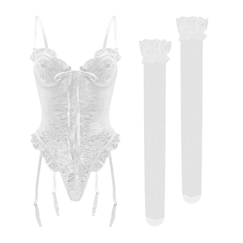 Sexy Lingerie Jumpsuit Lace-up Cutout Lace Mesh Lace See-through Sexy Siamese Underwear