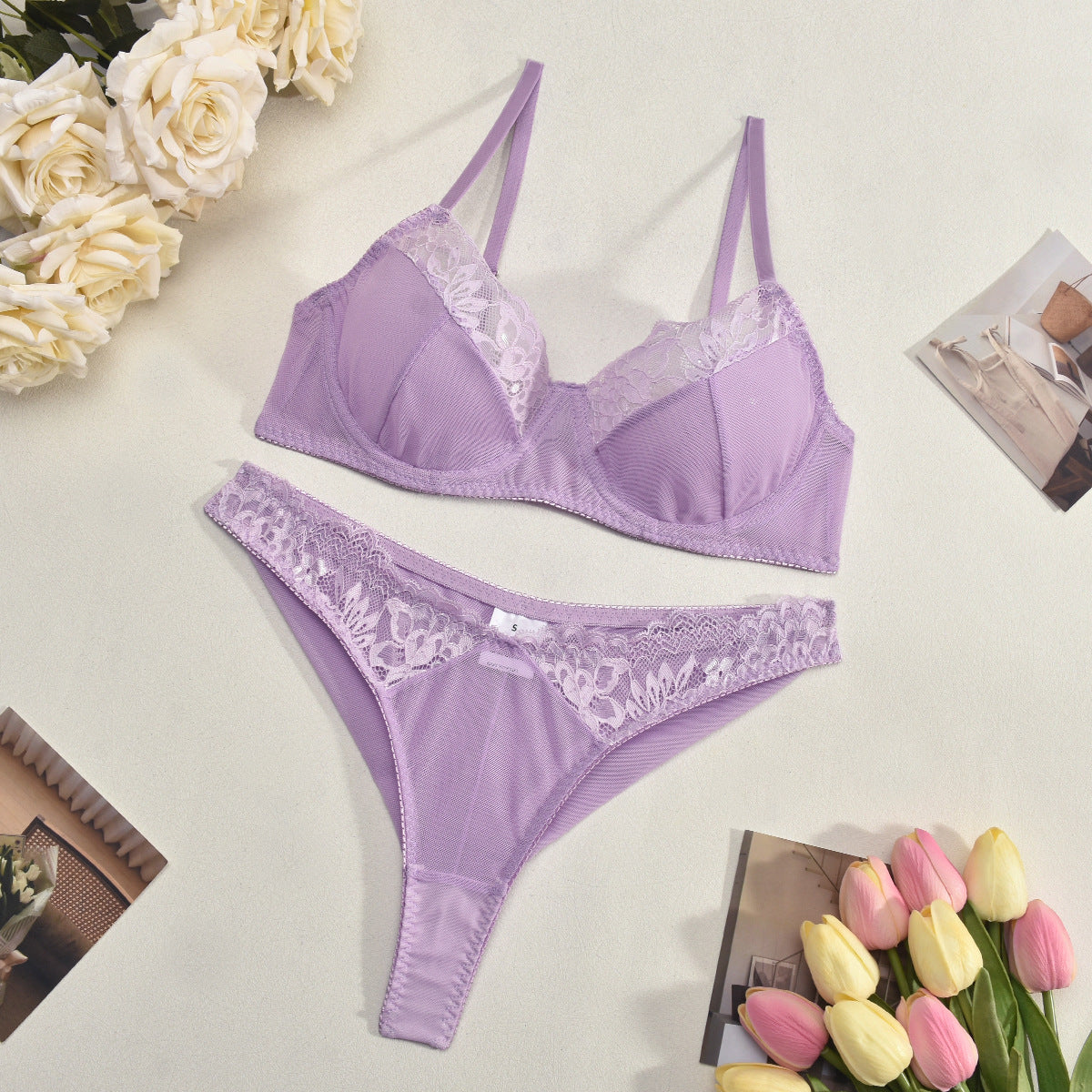 Summer Thin Lace Stitching Mesh Sexy Push up Transparent Tempting Sexy Lingerie Set