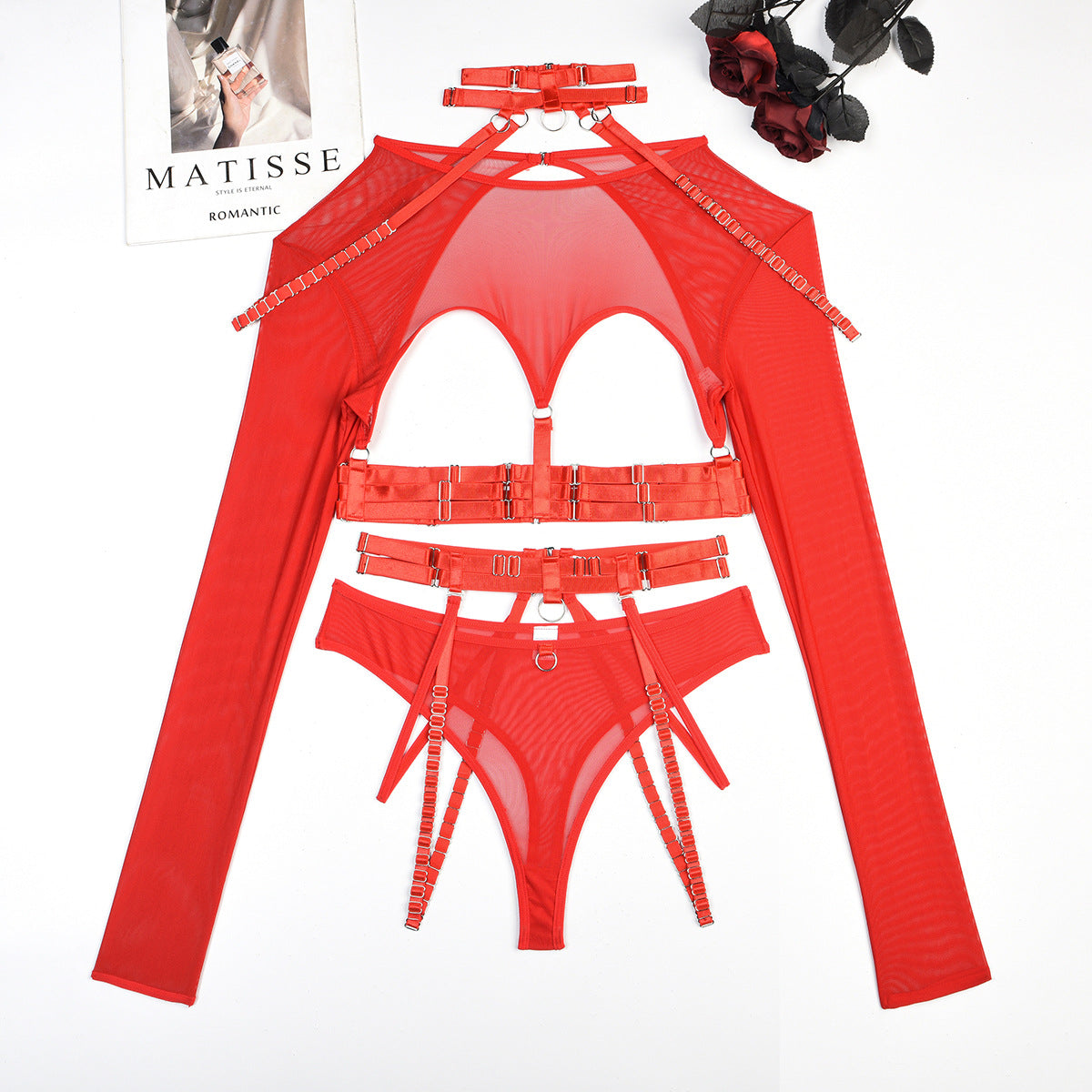 Conjunto sexy de tres piezas en ropa interior sexy para club nocturno con cintura halter y correa compleja