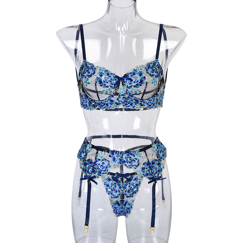 Blue Embroidered Underwear Suit Heavy Craft Sexy Garter Sexy Lingerie Three-Piece Set
