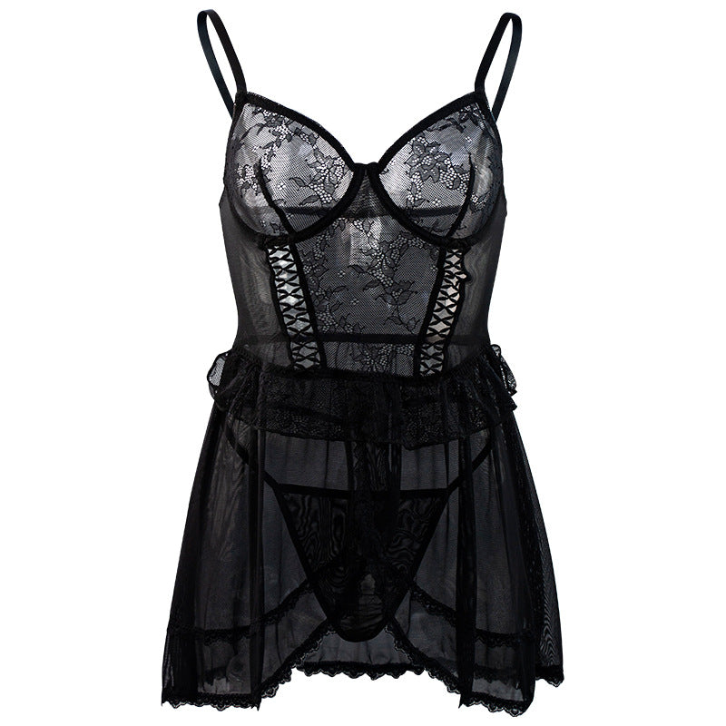 Sexy Lingerie Sleeveless Jumpsuit Thin Strap T Back Hollow Out Cutout Mesh See Through Sexy Two Piece Set