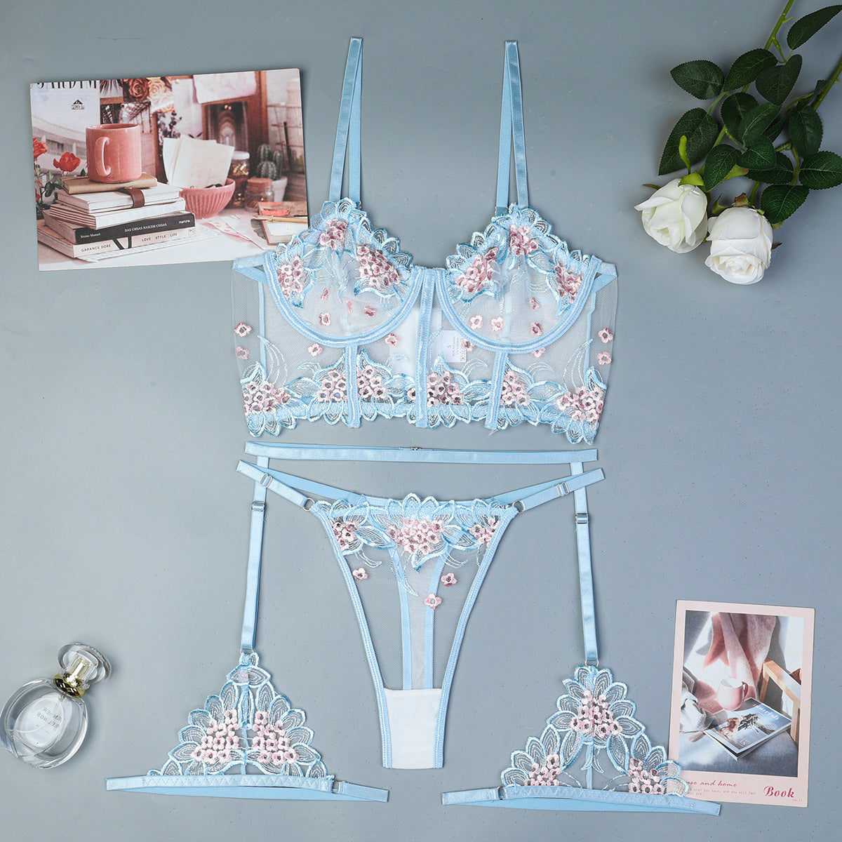 Women Clothing Sexy Lingerie Sexy Embroidery Three Piece Set Clothing