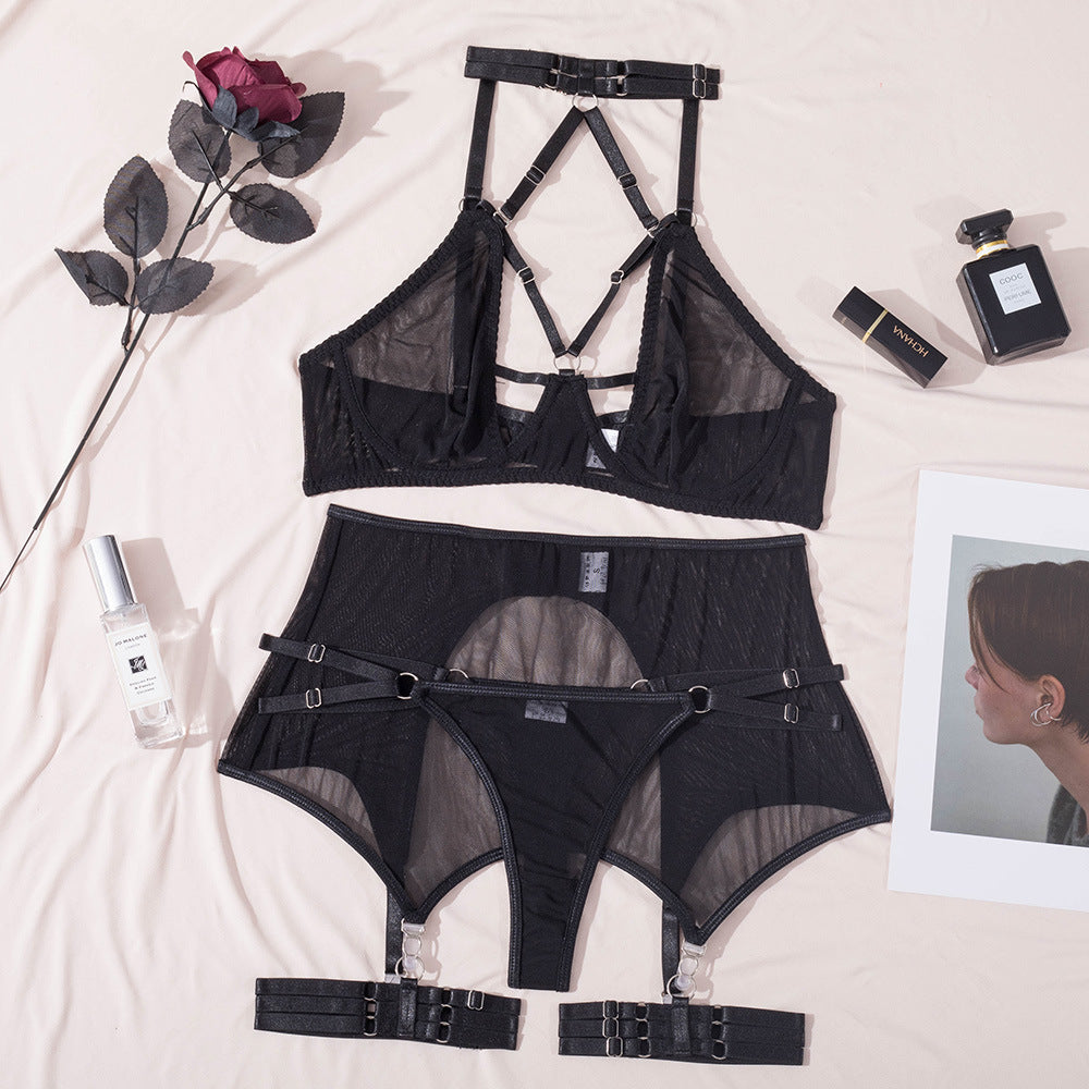 Mesh Transparent Garter Steel Ring Sexy Lace up Sexy Lingerie Three Piece Set Body Shaping