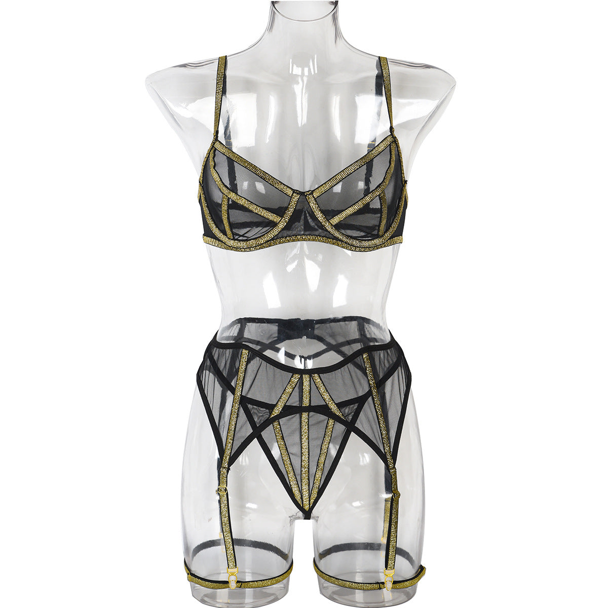 Lingerie Sexy Underwear Three Piece Gold Silk Beautiful Line Mesh Stitching Girl Sex Clothing
