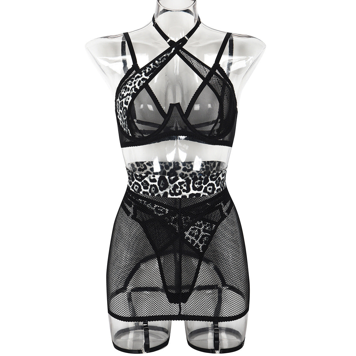 Fishnet Leopard Splicing Mesh Hollow Out Cutout Out Halter Cross Sexy Lingerie Three Piece Set Women