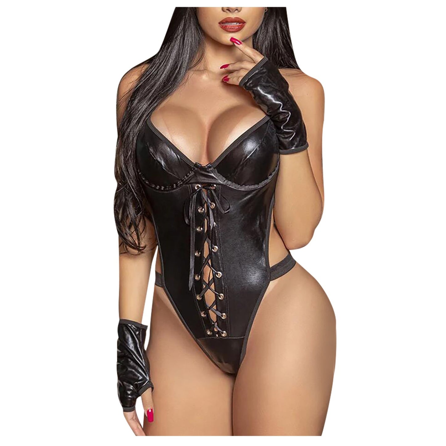 Sexy Backless Nightclub Queen Patent Leather Sexy Suit With Gloves