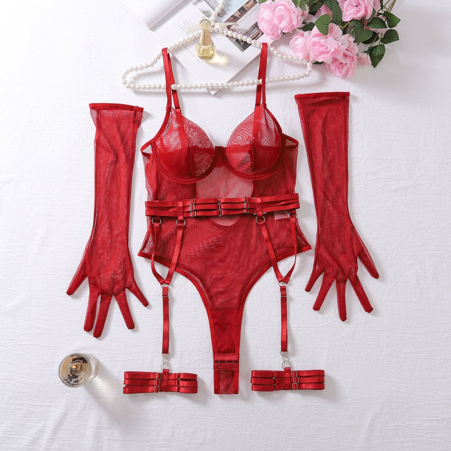 Sexy Lingerie Set Exquisite Waist Shaping Mesh See Through Gloves Sexy Adjustable Crotch Jumpsuit