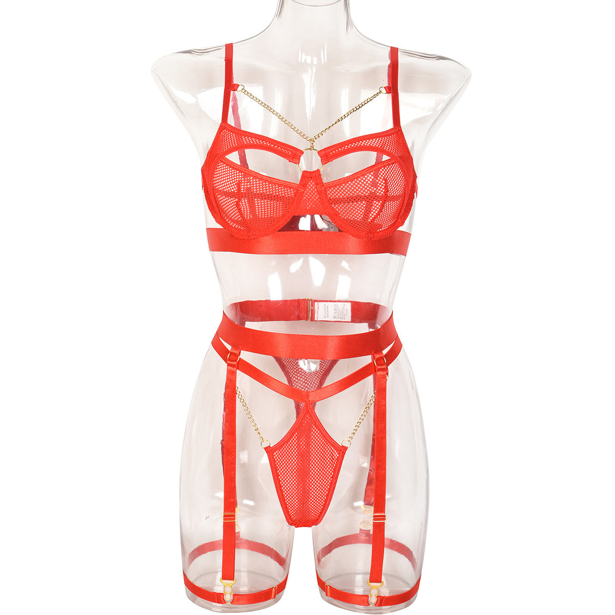 Best Women Clothes Push up Underwear Metal Decorative Wire Mesh Hole Hollow Out Cutout Sexy Three Piece Set