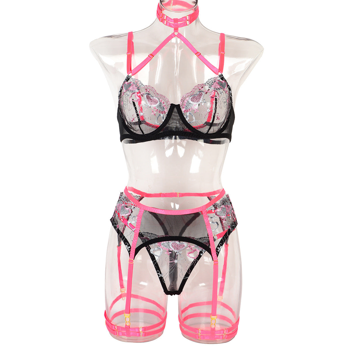 Summer Fluorescent Stitching Love Embroidery Sexy Lingerie Sexy See through Bra Three Piece Set