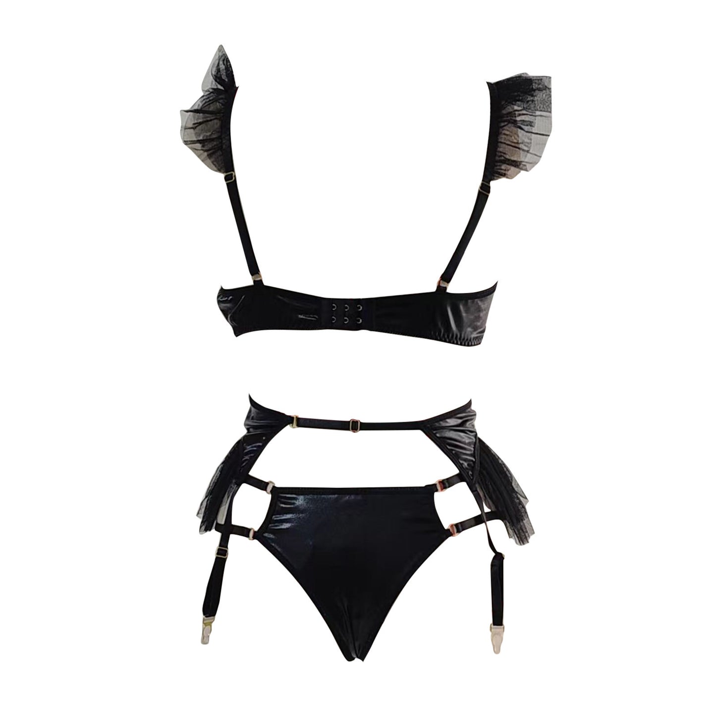 Sexy Patent Leather Mesh Fluffy Edge Sexy Lingerie Three Piece Set