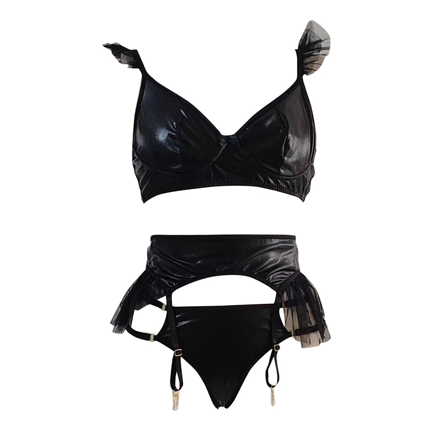 Sexy Patent Leather Mesh Fluffy Edge Sexy Lingerie Three Piece Set