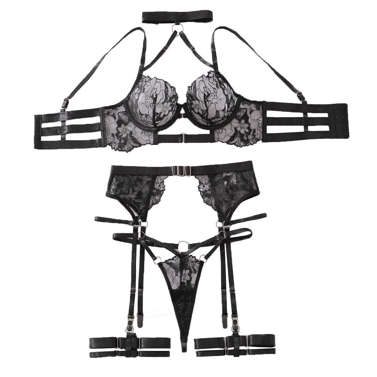in French Sexy Halter Embroidery Mesh See through Joint Sexy Lingerie Underwear Garter Sets