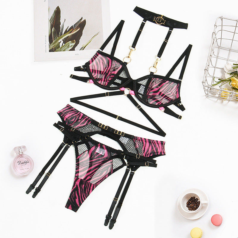 Bra Summer Sexy Halter Mesh Sexy Lingerie Detachable Three Piece Set