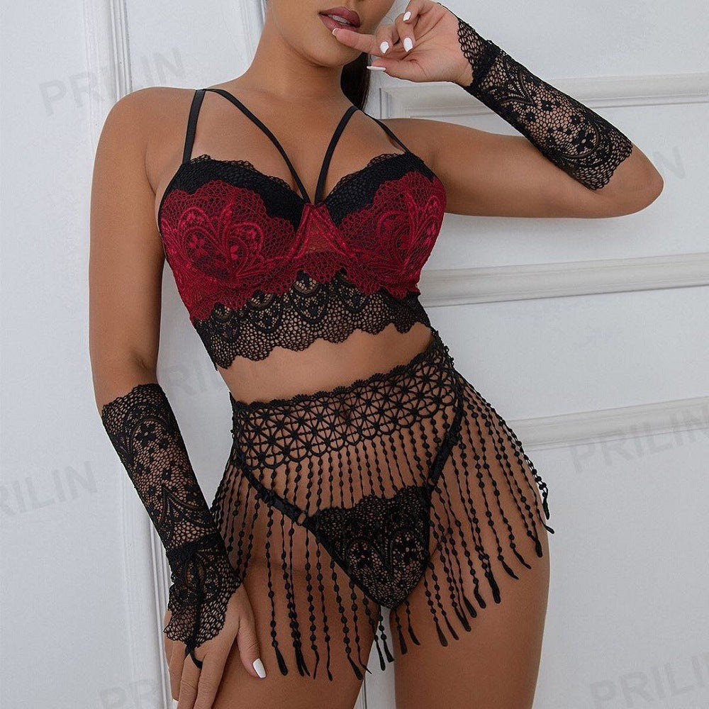 Sexy Lingerie 5-Piece Set Tassel Waist Seal Lace Stitching with Gloves Set Opera Glove