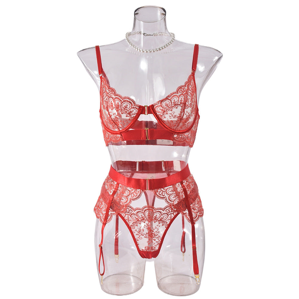 Embroidery High Quality Heavy Industry Sexy Lingerie Embroidery Eyelash Lace See-through Sexy Three Piece Set