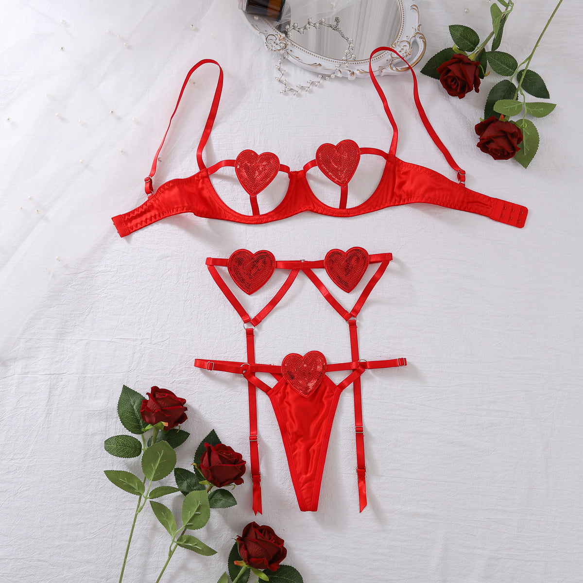 Sous-vêtements sexy Sequ Love brodé Pure Want, ajouré, anneau en acier découpé, ensemble trois pièces Sexy