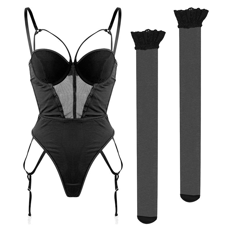 Sexy Lingerie Jumpsuit Hollow Out Cutout Backless Small Breast Push up Bra Sexy Bodybuilding Body Shaping Skinny One Piece