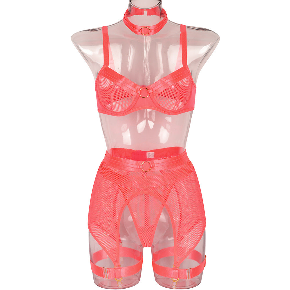 Sexy Mesh Stitching Four-Piece Underwear with Halter Waist Seal