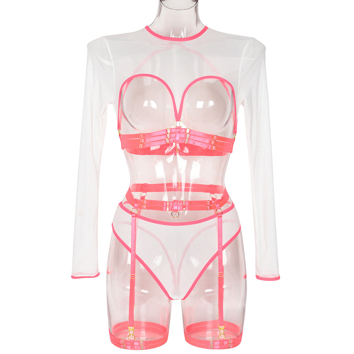Mesh See through Patchwork Lace up Heavy Craft Complex Three Piece Sexy Lingerie