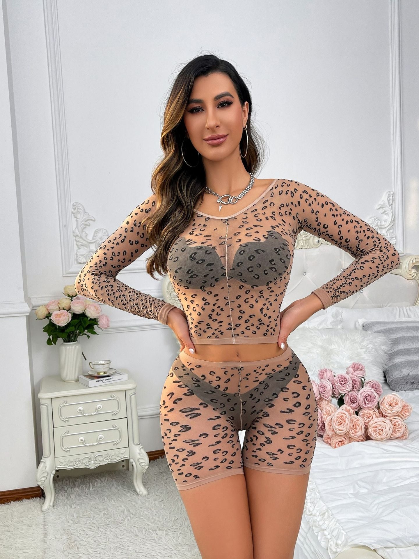 Leopard Series Women Skin Color Printed Leopard Print Two-Piece Sexy Lingerie Fishnet Clothes