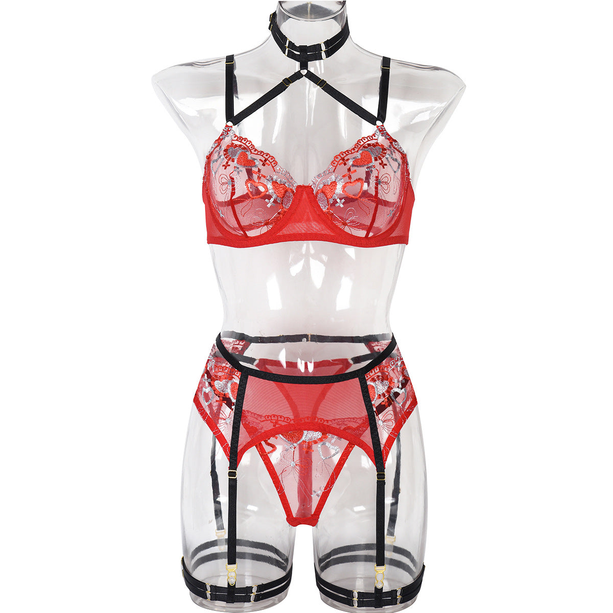 Summer Fluorescent Stitching Love Embroidery Sexy Lingerie Sexy See through Bra Three Piece Set