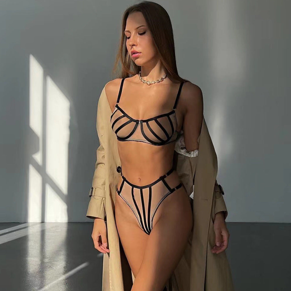 Lingering Sexy Underwear Popular Mesh Contrast Color Bra See through Sexy Three Piece Suit