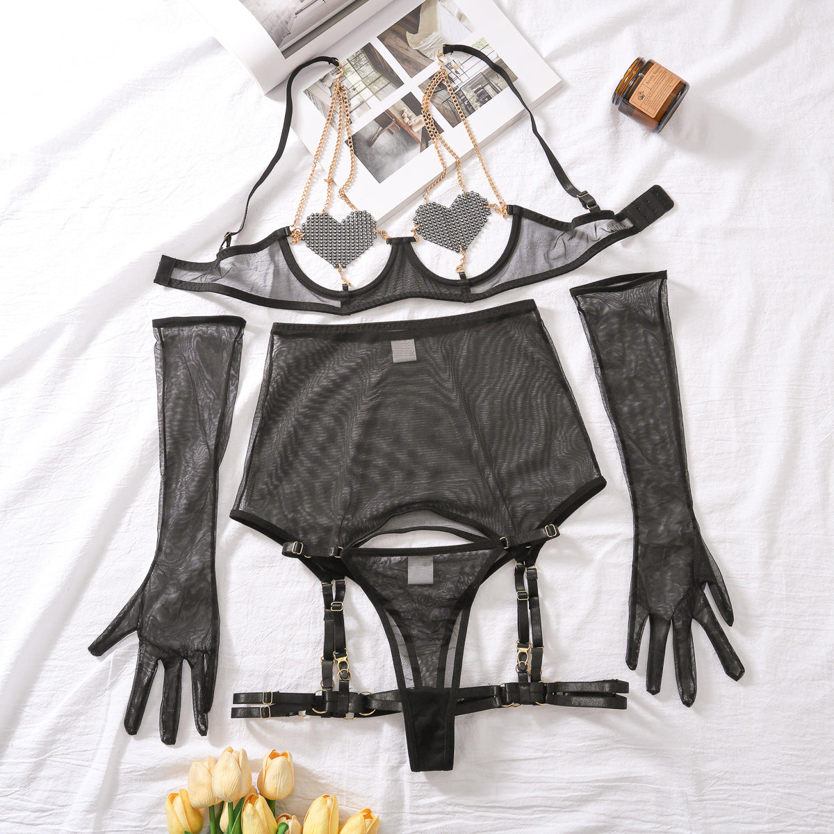 Internet Celebrity Sexy Lingerie Sexy Love Chain Sexy Sheer Mesh Four Piece Set for Women