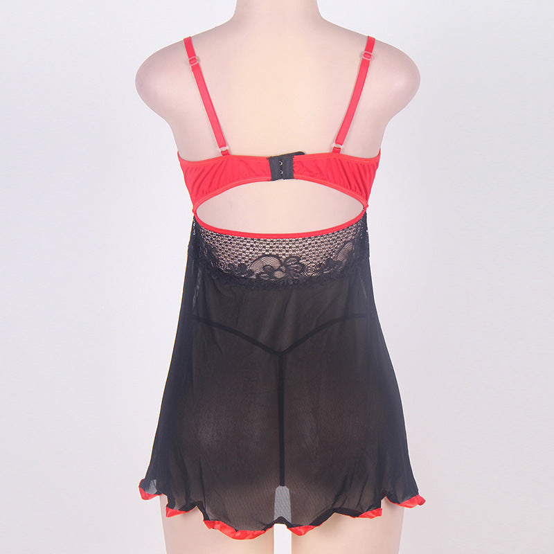 Plus Size Sexy Lingerie Sexy with Steel Bracket Black Red Stitching Slip Nightdress