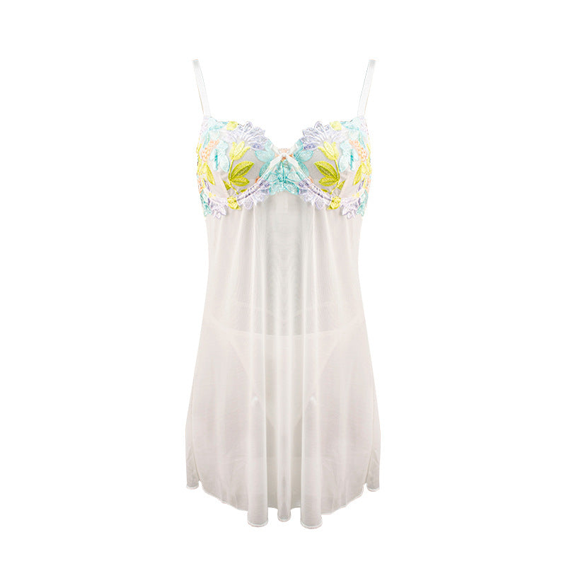 Sexy Lingerie Embroidery Lace Sheer Mesh Sexy Sling Dress Set