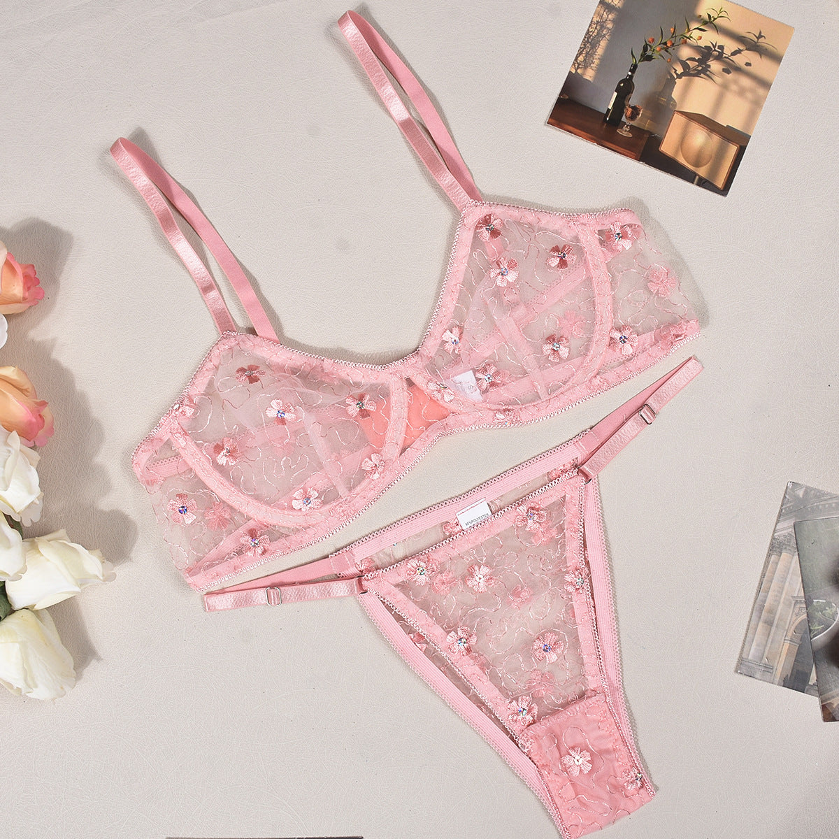 Sexy Lingerie Floral Embroidered Sequ See Through Sexy Seduction Bra Set