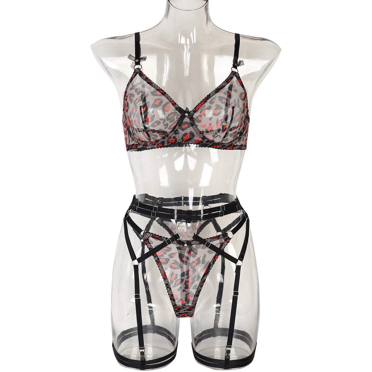 Sexy Underwear Women Leopard Print See Through Complex Heavy Industry Three Piece Muqian