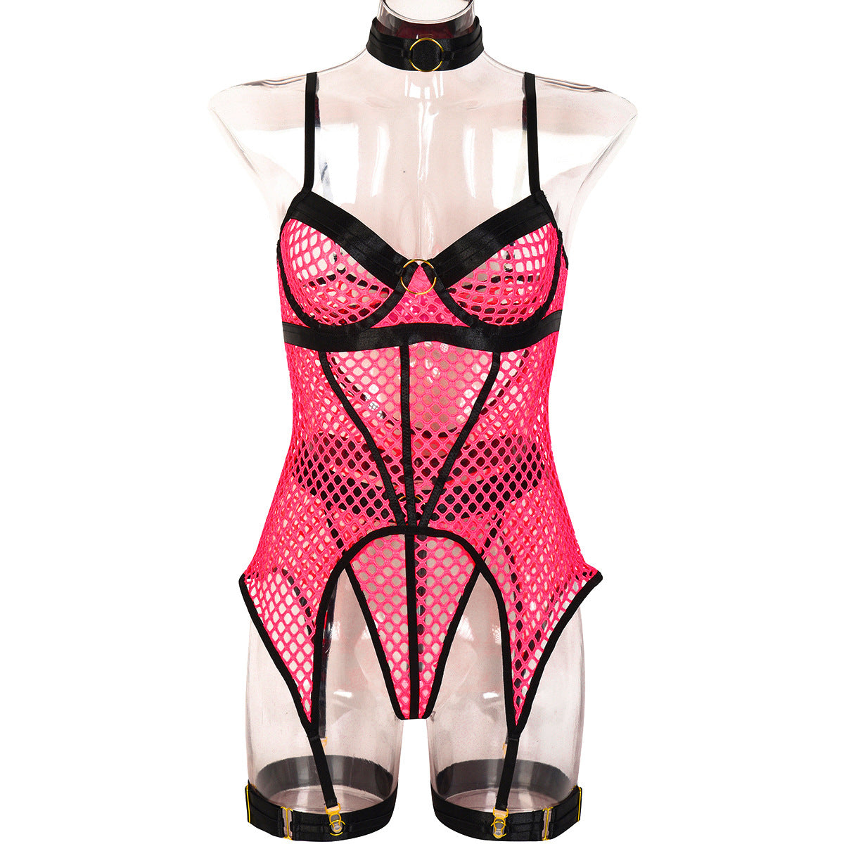Ensemble trois pièces jupe sexy, coutures en maille large, avec anneau en acier, sous-vêtements avec anneau de jambe licou
