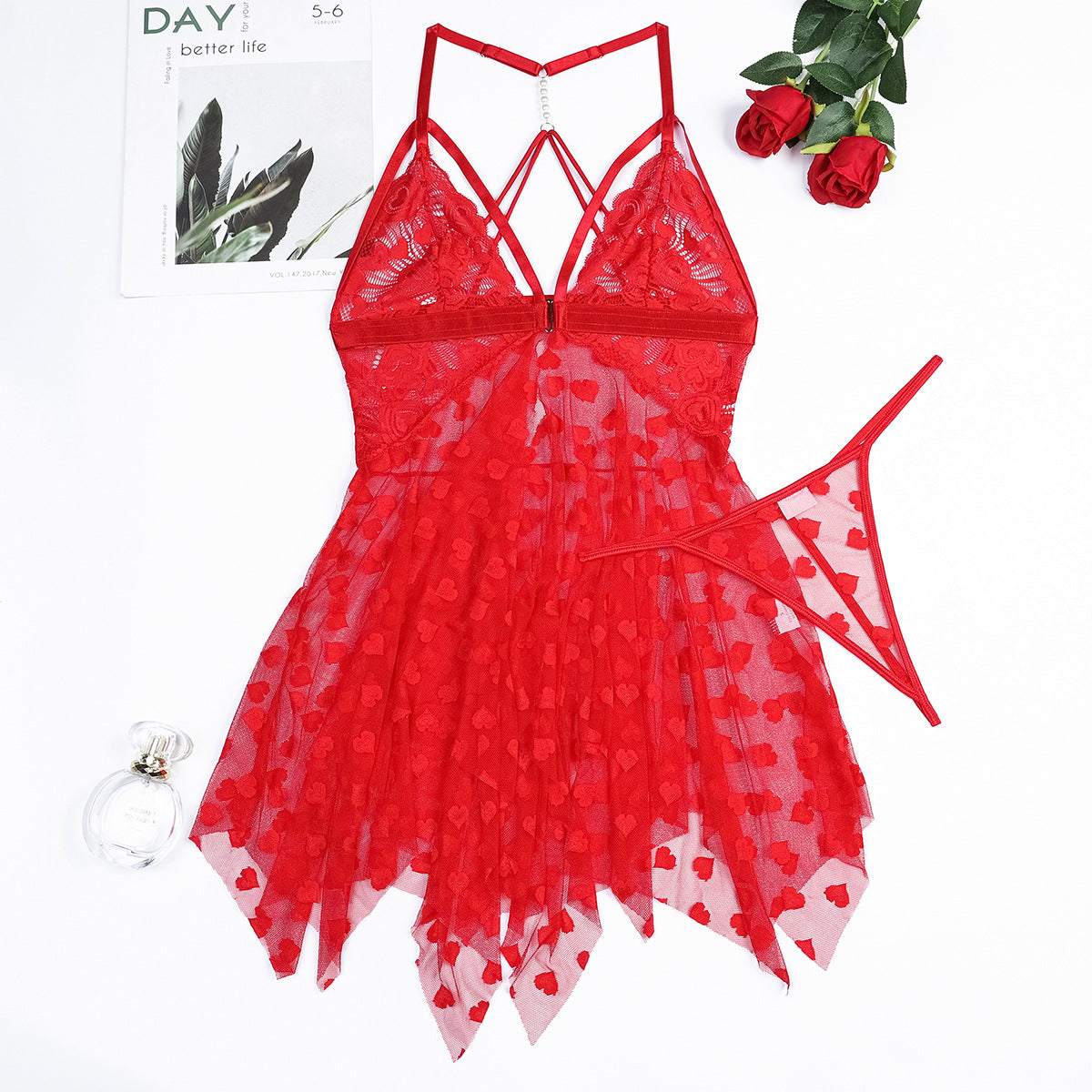 Sexy Red Love Mesh Irregular Asymmetric Hem Pearl Backless Valentine Day Overall Skirt Set Nightdress
