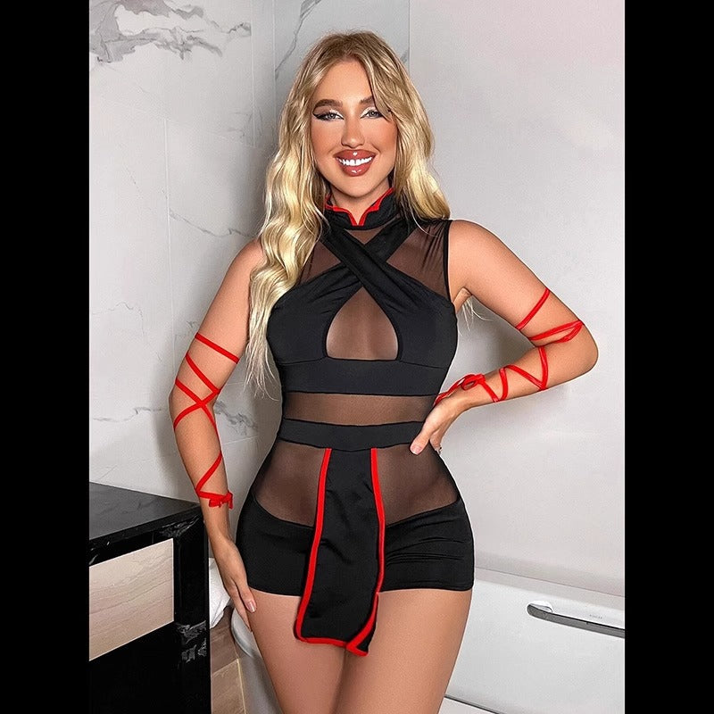 Sexy Underwear Warrior Jumpsuit Role Play Sheer Mesh Lace up Contrast Color Clothing